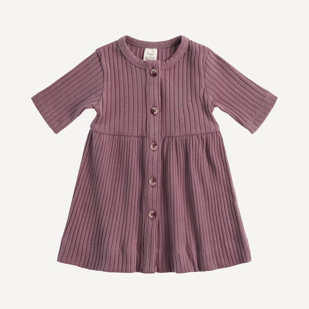 Organic 3/4 Sleeve Button Front Dress | Cotton Wide Rib