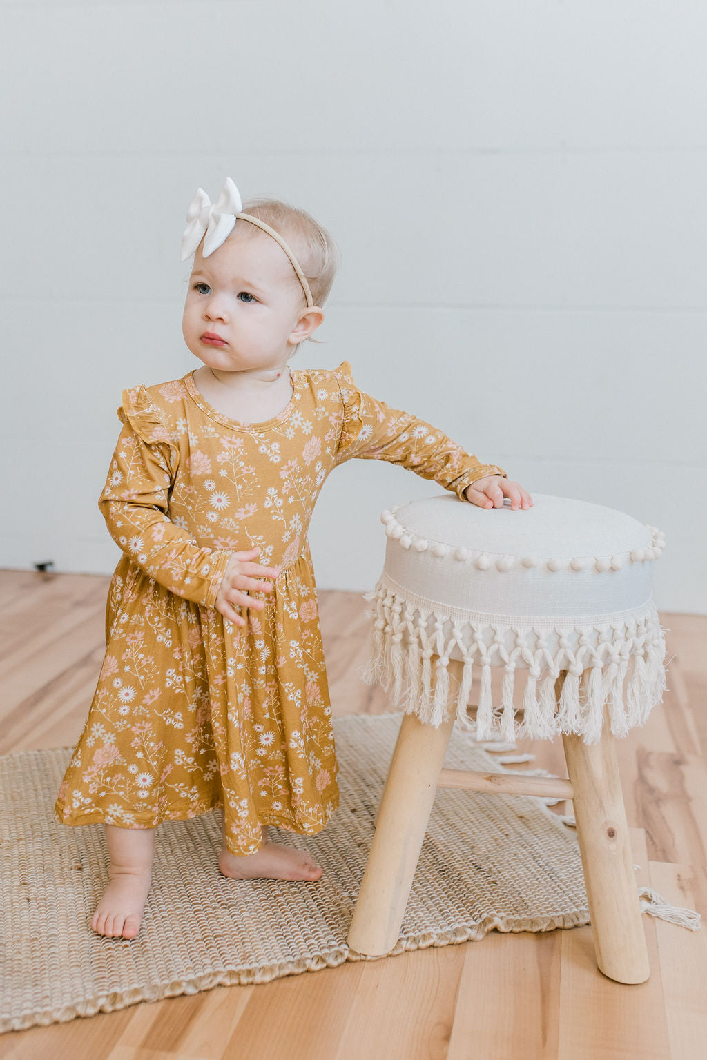 Mustard Floral Bamboo Long Sleeve Baby Dress