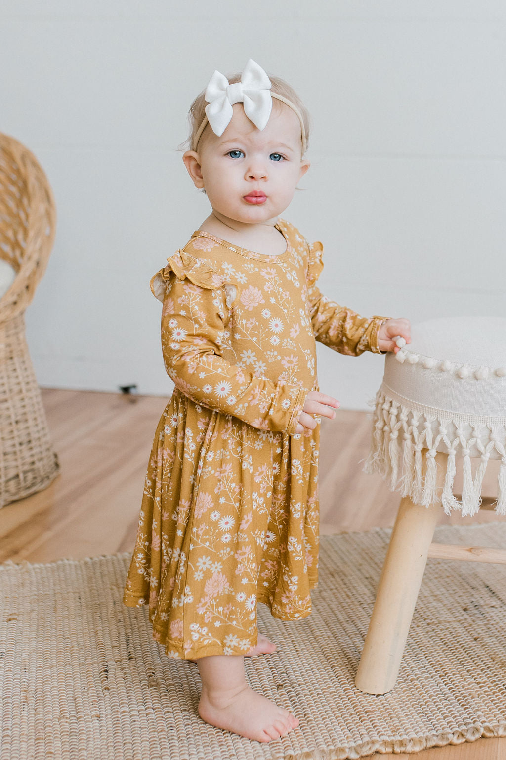 Mustard Floral Bamboo Long Sleeve Baby Dress