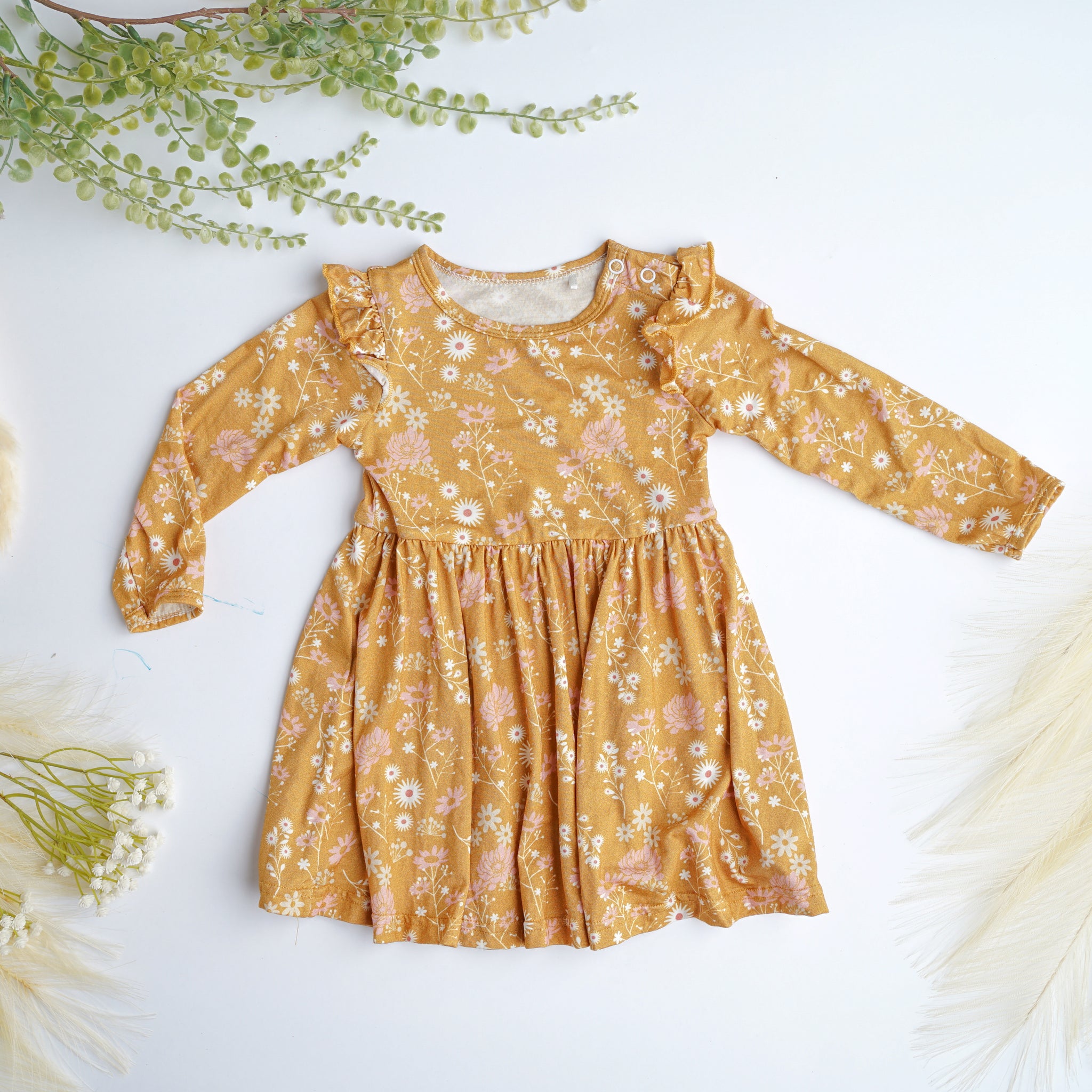 Mustard Floral Bamboo Long Sleeve Baby Dress